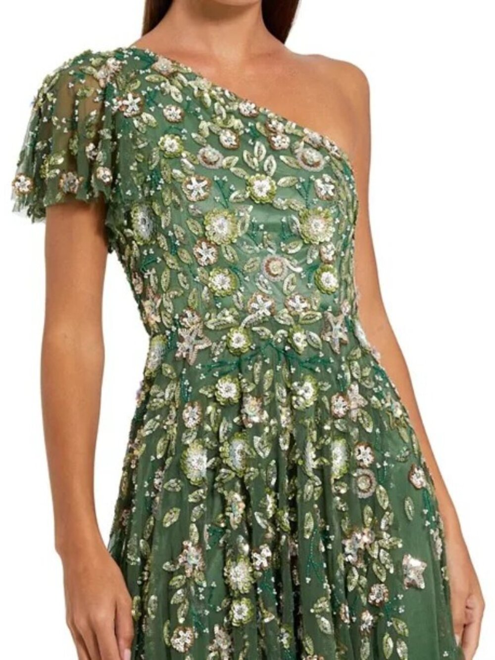 Mac Duggal one shoulder sequined applique sage gown